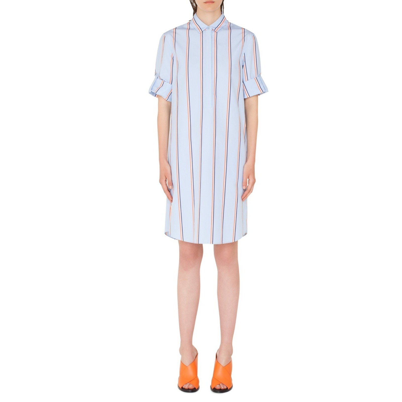 Akris Punto Stripe Cotton Shirtdress Women 12 Euc Pockets Collared Short Sleeve